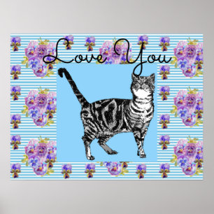 Shabby chic Blue Rand Tabby katt Kärlek Heart Poster