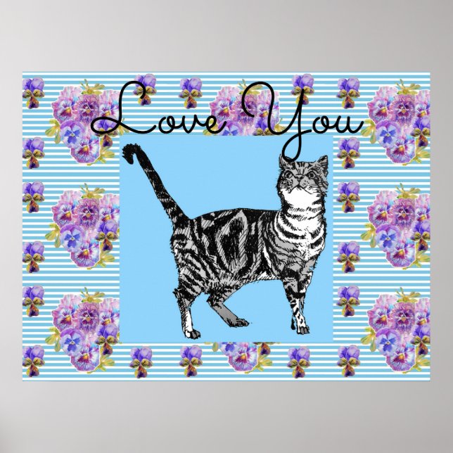 Shabby chic Blue Rand Tabby katt Kärlek Heart Poster (Framsidan)