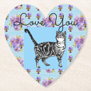 Shabby chic Blue Rand Tabby katt Kärlek Heart Underlägg Papper