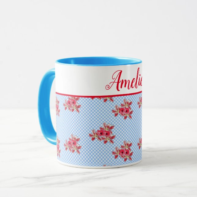 Shabby chic Blue Red Blommigt Lily Gingham Art Mug Mugg (Framsida vänster)