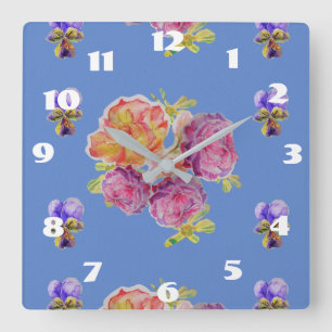 Shabby chic Blue Rosor Ro Blommigt Rock Fyrkantig Klocka