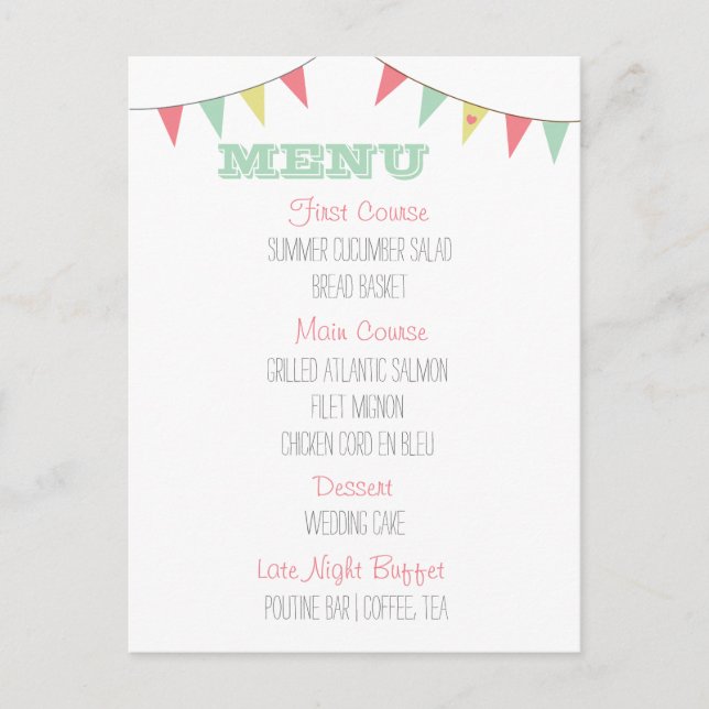 Shabby chic Bunting Bröllop Menu Rosa och Mint Vykort (Framsida)