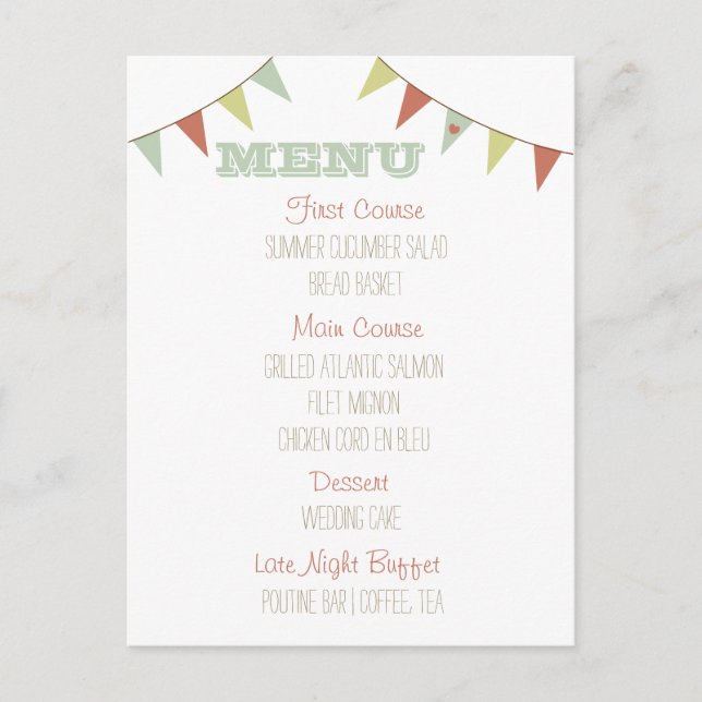 Shabby chic Bunting Bröllop Menu Vykort (Framsida)