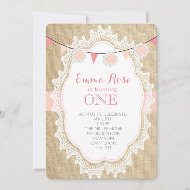 Shabby chic Burlap Rosa Birthday-inbjudningar Inbjudningar (Framsida)