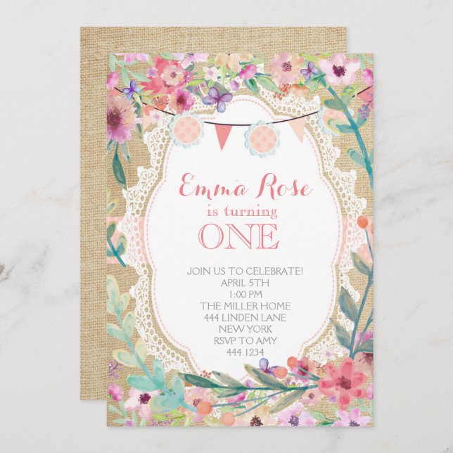 Shabby chic Burlap Rosa Birthday-inbjudningar Inbjudningar (Fram/baksida)