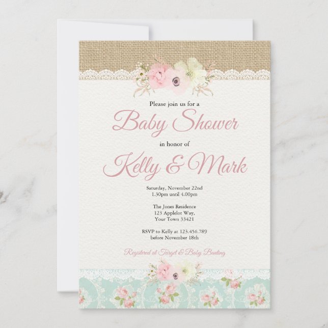 Shabby chic Burlap & Snöre Girl Baby Shower Inbjudningar (Framsida)