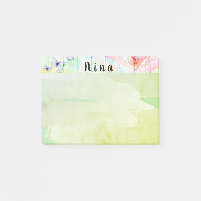 Shabby chic Butterflies och Ro på Rustic Wood Post-it Block (Framsida)