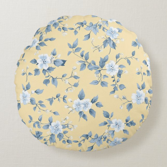 Shabby Chic Citron Blommig Serie Design #7 Rund Kudde (Framsidan)