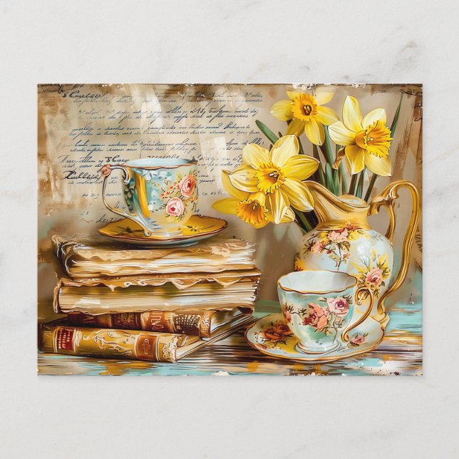 Shabby chic Daffodils on a Stacked antique Books Vykort (Framsida)