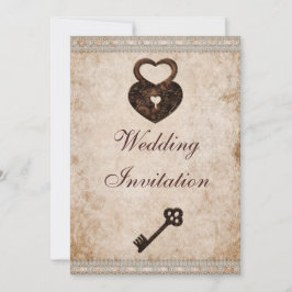 Shabby chic Damask Hearts Lock och Nyckel Bröllop Inbjudningar