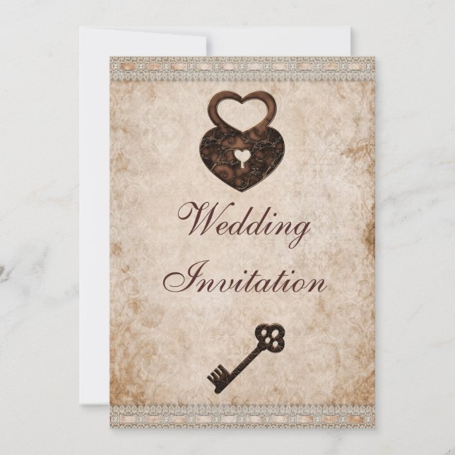Shabby chic Damask Hearts Lock och Nyckel Bröllop Inbjudningar (Framsida)