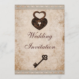 Shabby chic Damask Hearts Lock och Nyckel Bröllop Inbjudningar