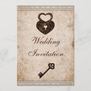 Shabby chic Damask Hearts Lock och Nyckel Bröllop Inbjudningar