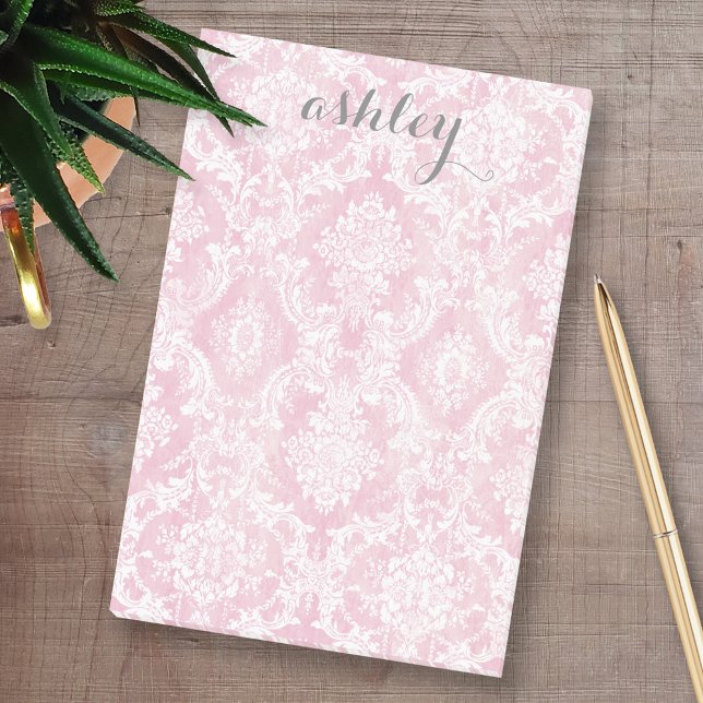 Shabby chic Damask Pattern Pastel Rosa Grått Namn Post-it Block (Custom Post-it Note Pads - Add your name and other text)