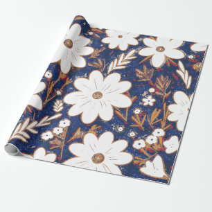 Shabby chic Deep Blue White Retro Daisy Mönster Presentpapper