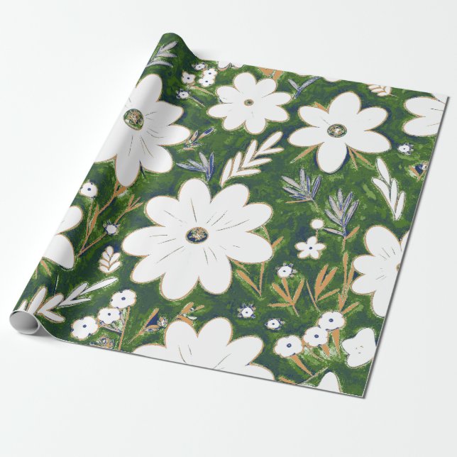 Shabby chic Deep Grönt White Retro Daisy Mönster Presentpapper (Utrullad)