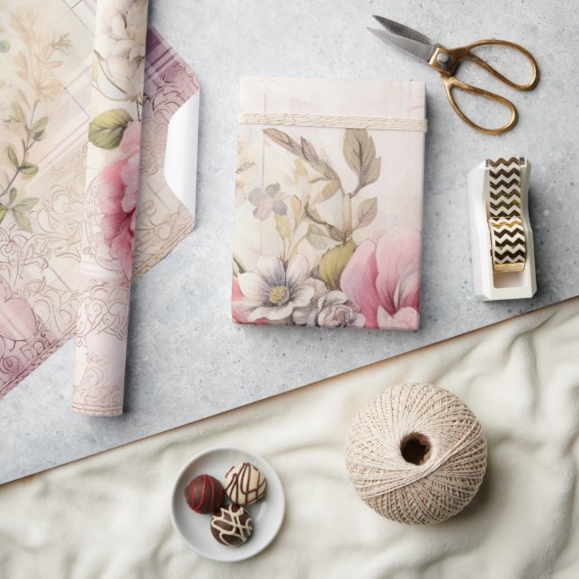 Shabby chic Disted Rosa jul Snöre Blommigt Presentpapper (Hantverk)