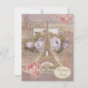 Shabby chic Eiffel Torn Blommigt Födelsedagsfest Inbjudningar