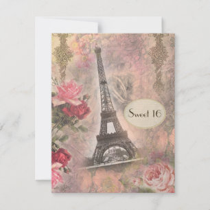 Shabby chic Eiffel Torn & Ro Sweet 16 Inbjudningar