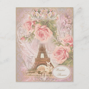 Shabby chic Eiffel Torn Rosa Blommigt Möhippa Inbjudningar