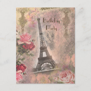 Shabby chic Eiffel Torn & Rosor Födelsedagsfest Inbjudningar