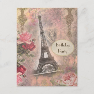 Shabby chic Eiffel Torn & Rosor Födelsedagsfest Inbjudningar