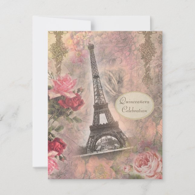Shabby chic Eiffel Torn & Rosor Quinceanera Inbjudningar (Framsida)
