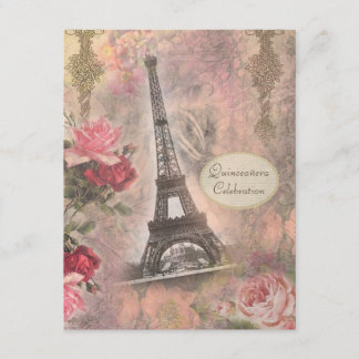 Shabby chic Eiffel Torn & Rosor Quinceanera Inbjudningar