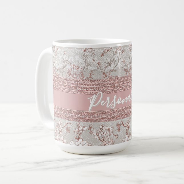 Shabby Chic Elegans Rosa Antik Spets Personlig Kaffemugg (Framsida vänster)