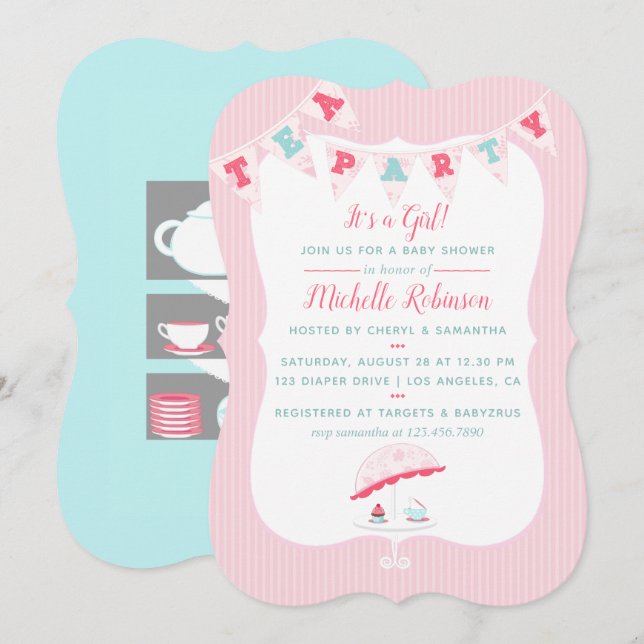 Shabby-Chic Flickig Bebis Kalas Tea Party Inbjudan (Fram/baksida)