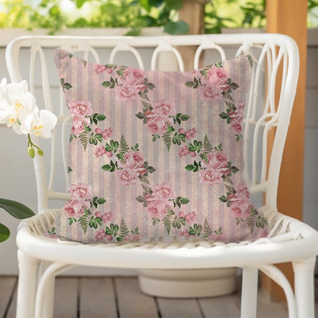 Shabby Chic Floral Grunge Stripes Pink Kudde (Skapare uppladdad)