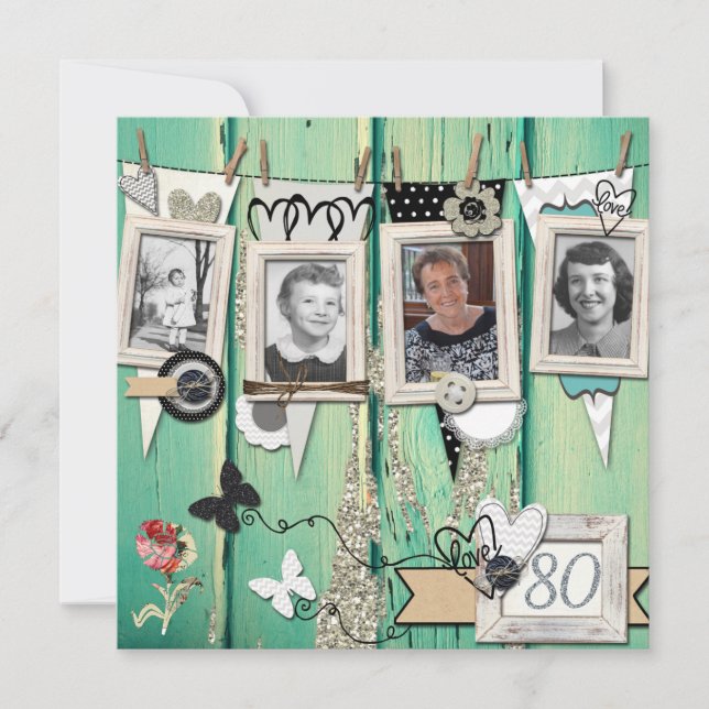 Shabby chic Foto 80:e Födelsedagsfest inbjudan (Framsida)