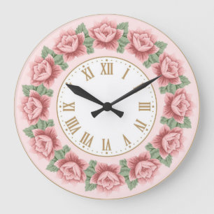 Shabby Chic Fransk Vintage Dammt Rosa Blommig Stor Klocka