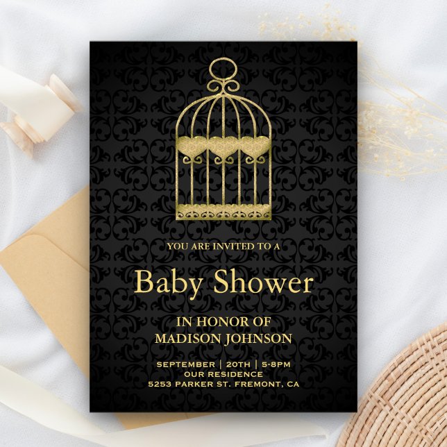 Shabby Chic Guld Fågelbur Bebis Shower Inbjudningar (Skapare uppladdad)