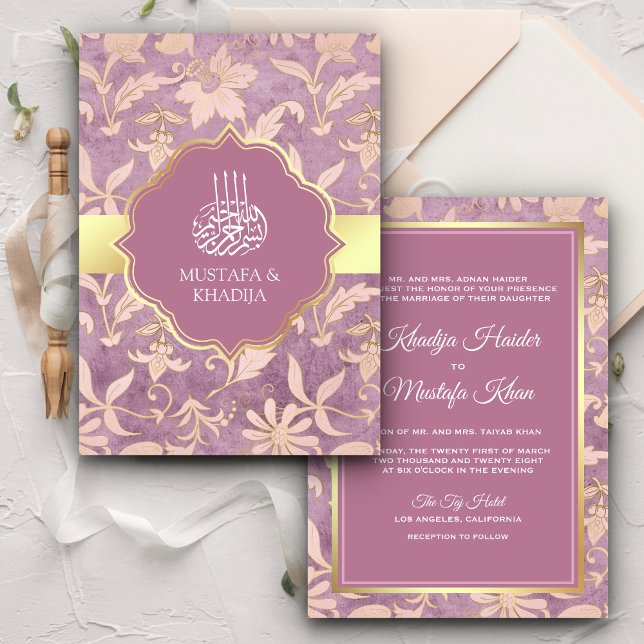 Shabby Chic Lavendel Guld Blommig Muslimsk Bröllop Inbjudningar (Skapare uppladdad)