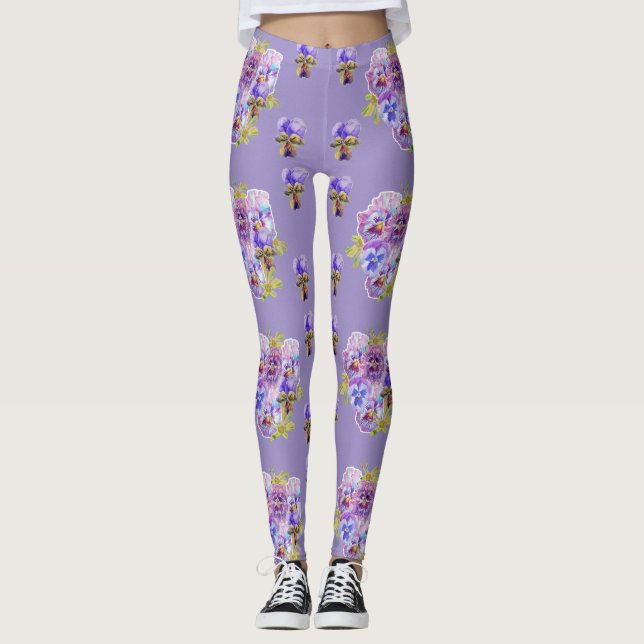 Shabby chic Lavender Lila Pansy Blommigt Leggings (Framsida)