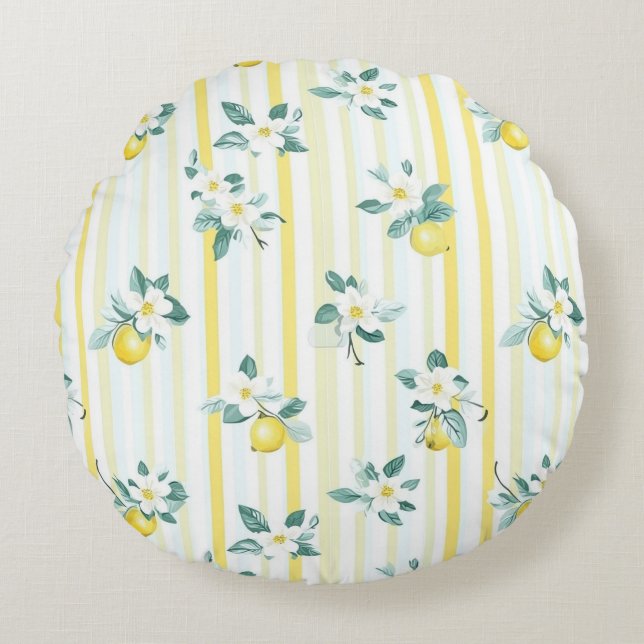 Shabby Chic Lemon Floral Series Design #12 Rund Kudde (Framsidan)
