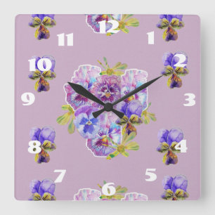 Shabby Chic Lila Penséor Pensé Blommig Rumsurklock Fyrkantig Klocka