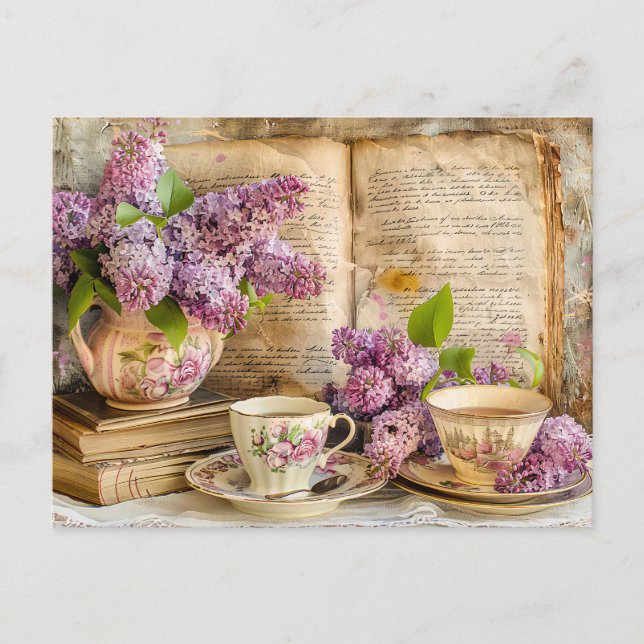 Shabby chic Lilac Bunch in an Antique Coffee Pot Vykort (Framsida)