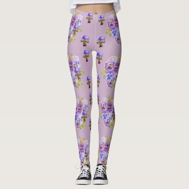 Shabby chic Lilac Lila Pansy Blommigt Leggings (Framsida)