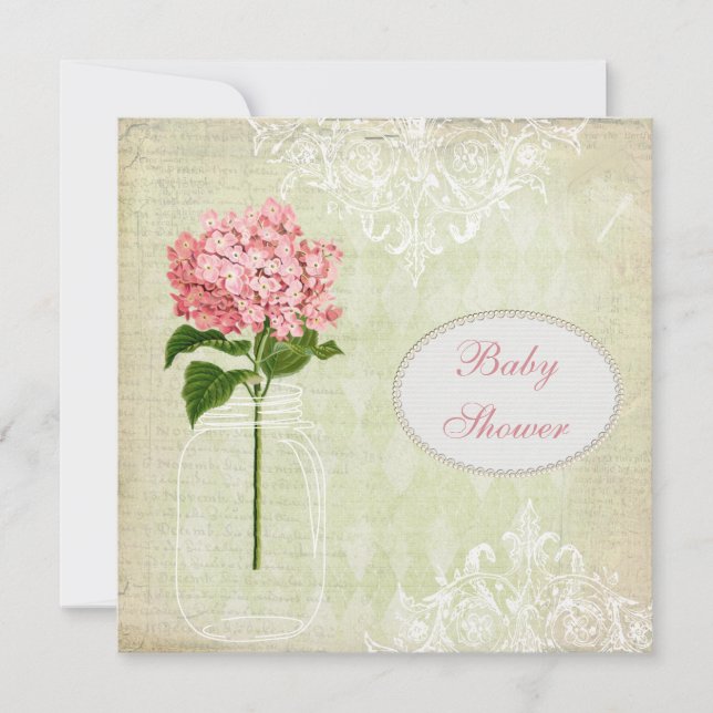 Shabby chic Mason Burk & Hydrangea Baby Shower Inbjudningar (Framsida)