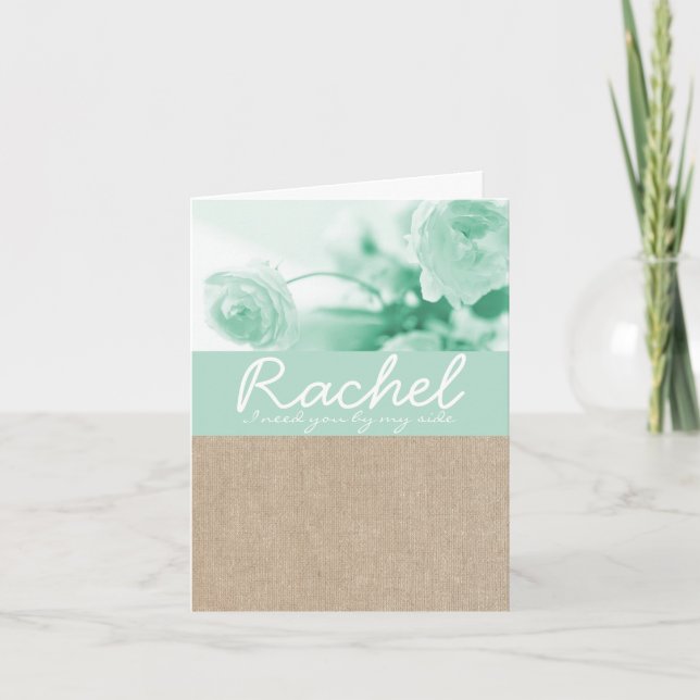 Shabby chic Mint Peony Burlap Bridesmaid-begäran Inbjudan (Framsida)