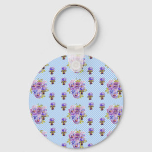 Shabby chic Pansy Blommigt Blue Gingham Checks Nyckelring