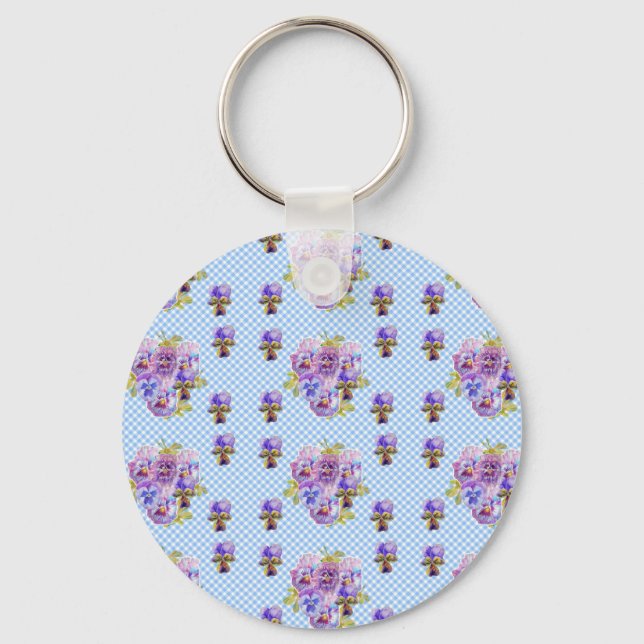 Shabby chic Pansy Blommigt Blue Gingham Checks Nyckelring (Framsida)