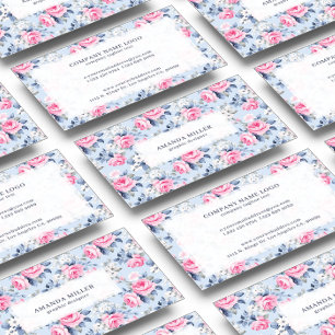 Shabby chic Pastel Rosa ros Mönster i blått Visitkort