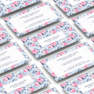 Shabby chic Pastel Rosa ros Mönster i blått Visitkort