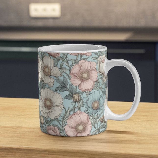 Shabby chic Pastle Rosa och Blue Poppy Flowers Kaffemugg (Skapare uppladdad)