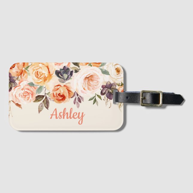 Shabby chic Peach Blommigt Luggage Tag Bagagebricka (Framsida horisontal)