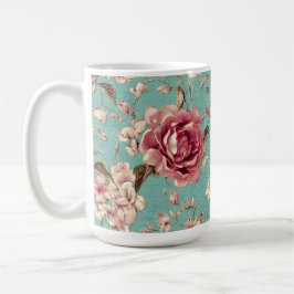 Shabby Chic Pink and White Florals on Teal Kaffemugg