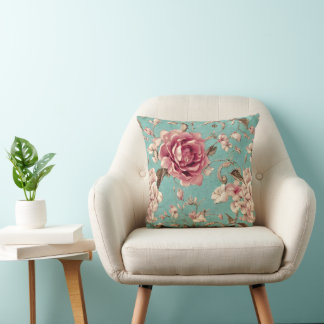 Shabby Chic Pink and White Florals on Teal Kudde